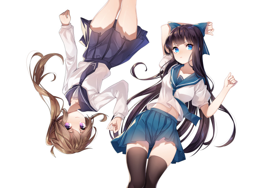2girls absurdres arm_up bangs black_hair black_legwear blue_bow blue_eyes blue_skirt bow brown_hair closed_mouth collarbone de_da_xianyu eyebrows_visible_through_hair hair_bow hand_up highres legs_together long_hair long_sleeves looking_at_viewer lying multiple_girls navel on_back original pleated_skirt ponytail rotational_symmetry school_uniform serafuku short_sleeves simple_background skirt smile thigh-highs thighs very_long_hair violet_eyes white_background