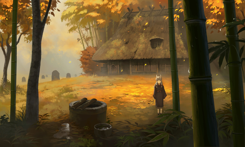1girl autumn_leaves bamboo bamboo_forest bangs blunt_bangs clouds cloudy_sky commentary_request day doora_(dora0913) field forest geta grey_hair grey_sky highres holding_branch house japanese_clothes kimono leaf long_hair long_sleeves looking_at_viewer maple_leaf nature no_socks oni oni_horns original outdoors sandals scenery sky solo standing tree well