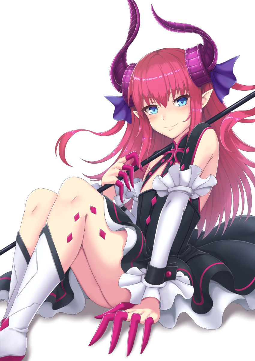 1girl absurdres blue_eyes commentary_request detached_sleeves dragon_girl dragon_horns fate/extra fate/extra_ccc fate_(series) flat_chest highres holding horns lancer_(fate/extra_ccc) looking_at_viewer pointy_ears polearm redhead simple_background sitting smile solo weapon white_background yuki7128