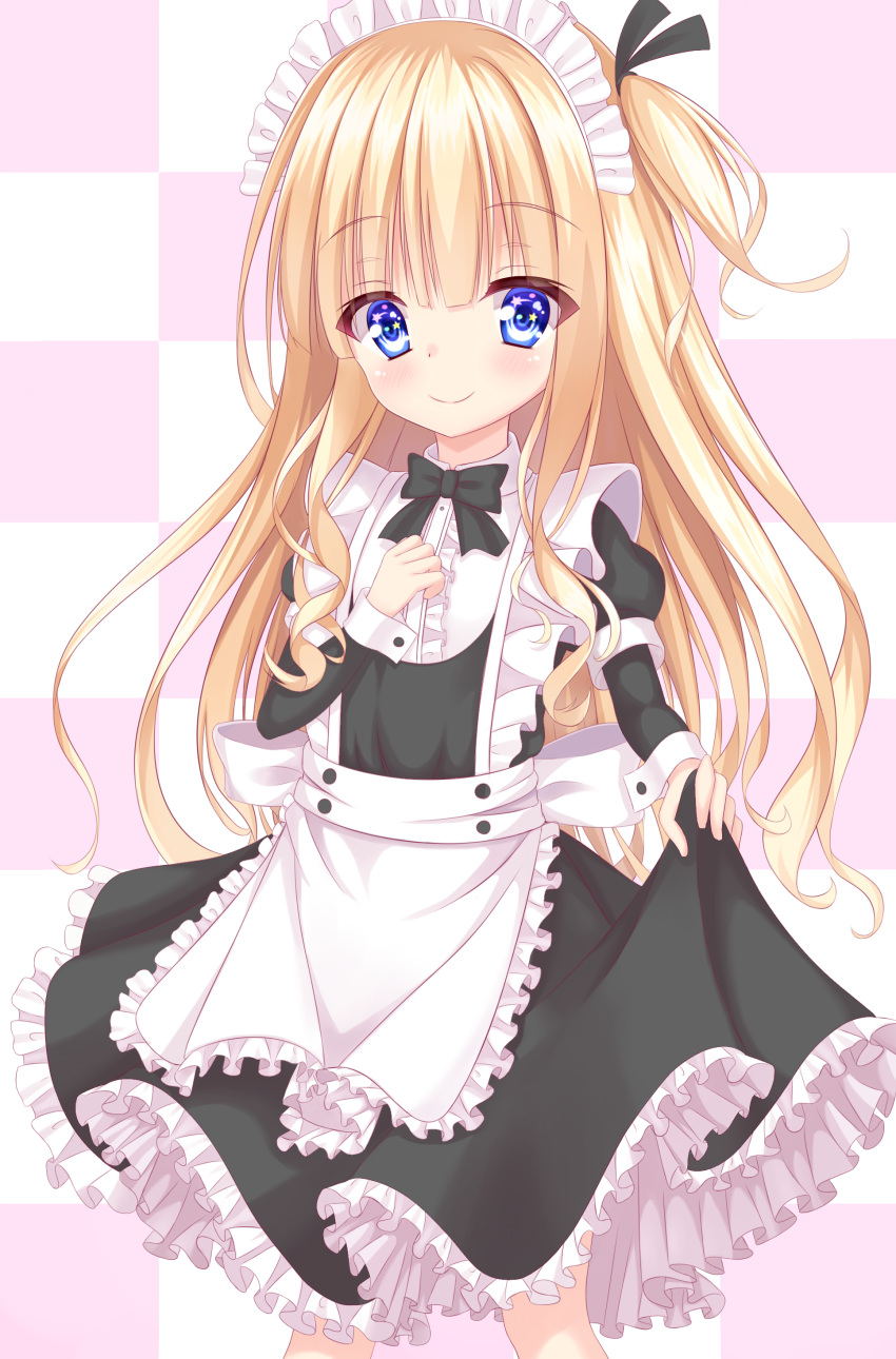 1girl absurdres apron bangs black_neckwear black_ribbon black_shirt black_skirt blonde_hair blue_eyes blush bow bowtie center_frills checkered checkered_background closed_mouth commentary_request eyebrows_visible_through_hair frilled_apron frilled_skirt frills hair_ribbon hakuto_momiji hand_up highres hiiragi_mayuki hinako_note long_hair long_sleeves looking_at_viewer maid maid_apron maid_headdress one_side_up puffy_short_sleeves puffy_sleeves ribbon shirt short_over_long_sleeves short_sleeves sidelocks skirt skirt_hold sleeve_cuffs smile solo standing very_long_hair white_apron