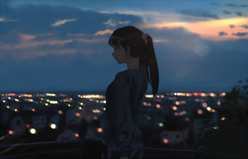 1girl brown_hair city_lights closed_mouth from_behind litra_(ltr0312) looking_away medium_hair night original ponytail scenery solo