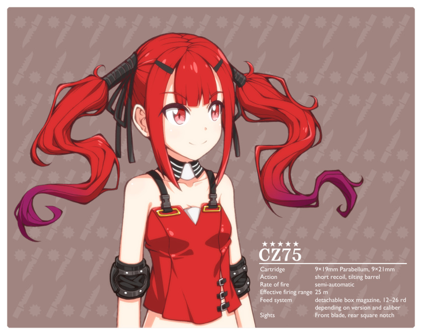 1girl character_name cz-75_(girls_frontline) detached_collar girls_frontline gradient_hair long_hair looking_away multicolored_hair purple_hair red_eyes red_shirt red_t-shirt redhead revision shirt sizque sleeveless sleeveless_shirt solo twintails upper_body
