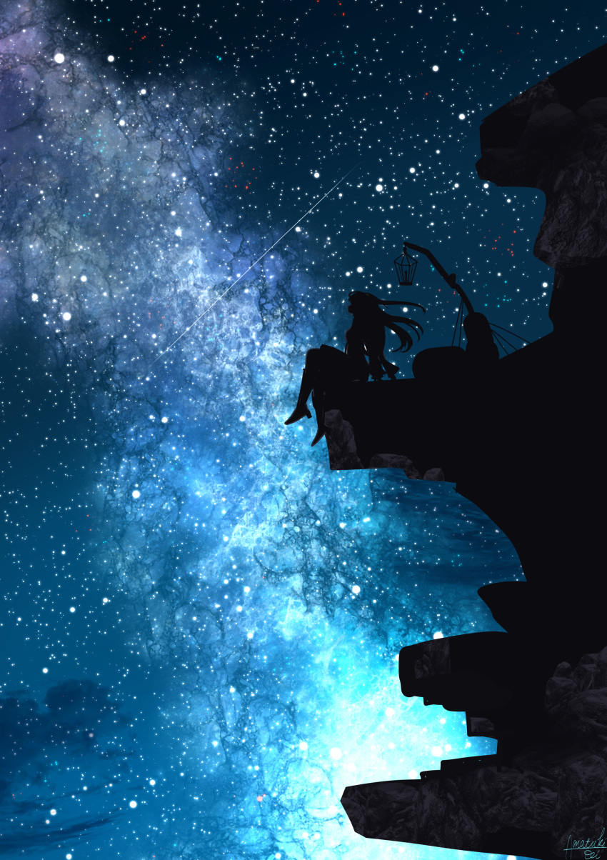 1girl absurdres amatsuki_rei blue_sky cliff commentary_request fantasy from_side galaxy high_heels highres long_hair milky_way night night_sky original profile scenery shooting_star silhouette sitting sky solo star_(sky) starry_sky