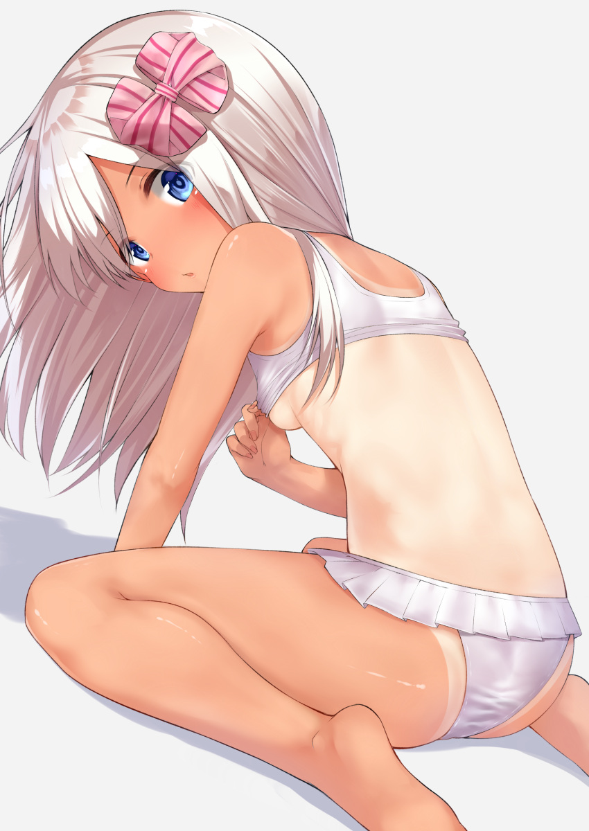 1girl absurdres alternate_costume ass bikini blue_eyes blush breasts commentary_request from_behind go-1 hair_ornament highres kantai_collection long_hair looking_at_viewer looking_back ro-500_(kantai_collection) silver_hair simple_background sitting small_breasts solo swimsuit tan tanline under_boob wariza white_bikini