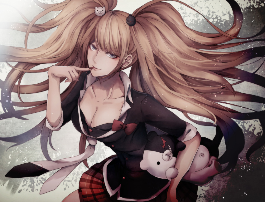 1girl bear_hair_ornament black_bra black_jacket black_nails blue_eyes bra breasts cleavage collarbone dangan_ronpa dangan_ronpa_1 enoshima_junko eyebrows_visible_through_hair finger_to_mouth floating_hair hair_ornament jacket large_breasts light_brown_hair long_hair miniskirt monokuma nail_polish necktie parted_lips pleated_skirt red_skirt shirt skirt smile solo spoilers underwear very_long_hair white_shirt z-epto_(chat-noir86)