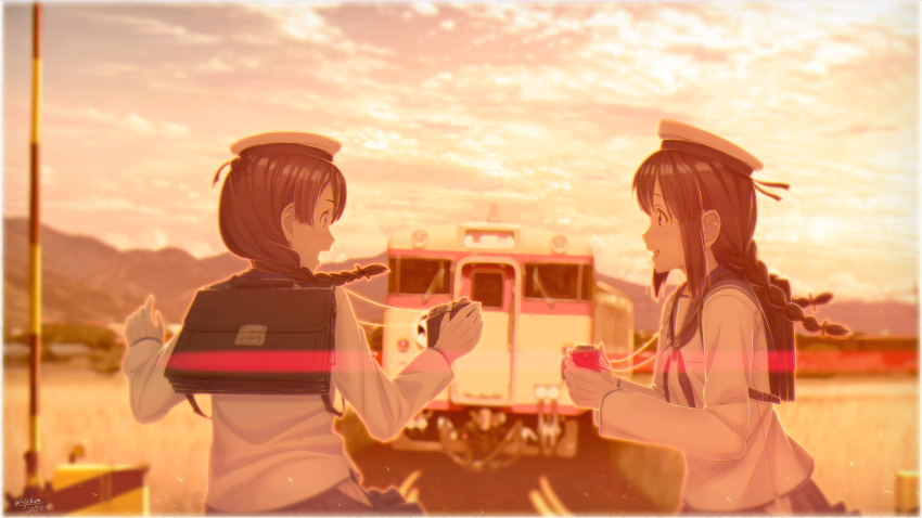 2girls absurdres bag black_hair blue_skirt braid camera commentary_request dated gloves ground_vehicle hair_ribbon hat highres holding holding_camera isonami_(kantai_collection) kantai_collection key_kun long_hair long_sleeves multiple_girls pleated_skirt ribbon rice_paddy sailor_hat school_bag school_uniform serafuku sidelocks signature single_braid skirt sunset train twin_braids uranami_(kantai_collection) white_gloves