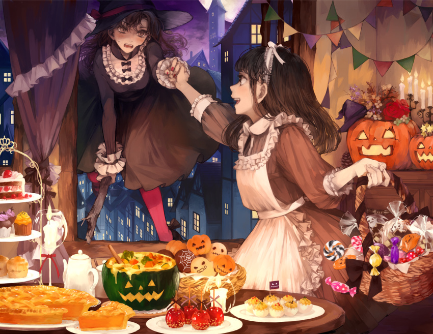 2girls :d apple_pie apron basket black_dress black_hair blush breasts broom broom_riding brown_eyes brown_hair building cake candle candlestand candy candy_apple commentary cup cupcake curtains d: dress drinking_glass fang floating flower food frilled_apron frilled_cuffs frills fruit full_moon glass halloween hand_holding hands_together hat headband holding holding_basket jack-o'-lantern kakmxxxny06 long_hair long_sleeves maid maid_apron medium_breasts moon multiple_girls nail_polish night open_mouth original pantyhose pie pink_legwear plate profile pumpkin pumpkin_soup purple_sky red_rose rose sleeve_cuffs smile soup strawberry sweatdrop table teapot tower window wine_glass witch witch_hat wrapped_candy
