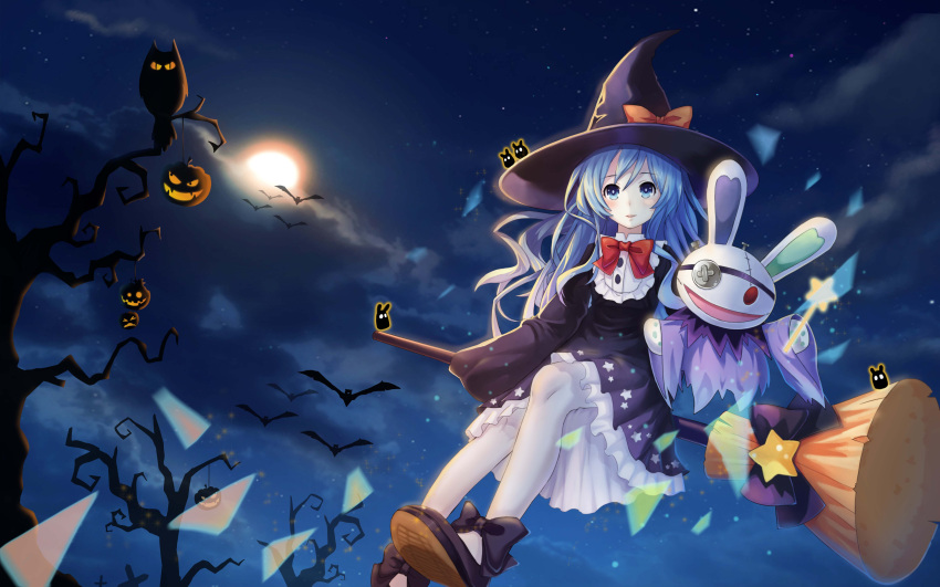 1girl absurdres bare_tree bat bird blue_eyes blue_hair blue_shrimp bow broom broom_riding clouds frilled_skirt frills hat hat_bow highres jack-o'-lantern long_hair long_sleeves looking_at_viewer moon night night_sky owl red_neckwear sidesaddle skirt sky stuffed_animal stuffed_bunny stuffed_toy tree wand white_legwear wide_sleeves witch_hat