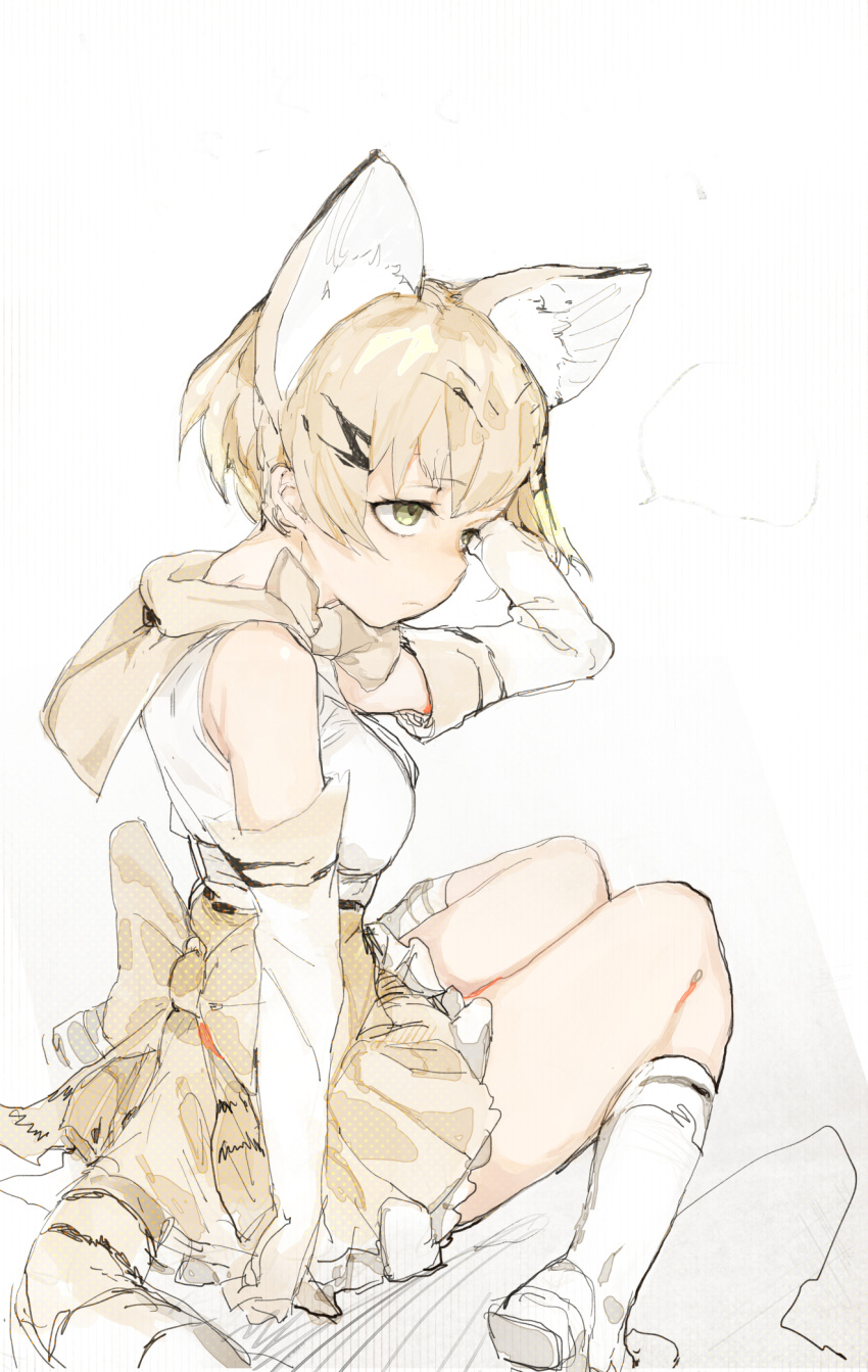 1girl animal_ears blonde_hair boots bow bowtie cat_ears cat_tail closed_mouth elbow_gloves from_behind frown gloves green_eyes high-waist_skirt highres hiranko kemono_friends looking_to_the_side sand_cat_(kemono_friends) shirt short_hair simple_background sitting skirt sleeveless sleeveless_shirt solo tail wariza white_background white_footwear white_gloves white_shirt