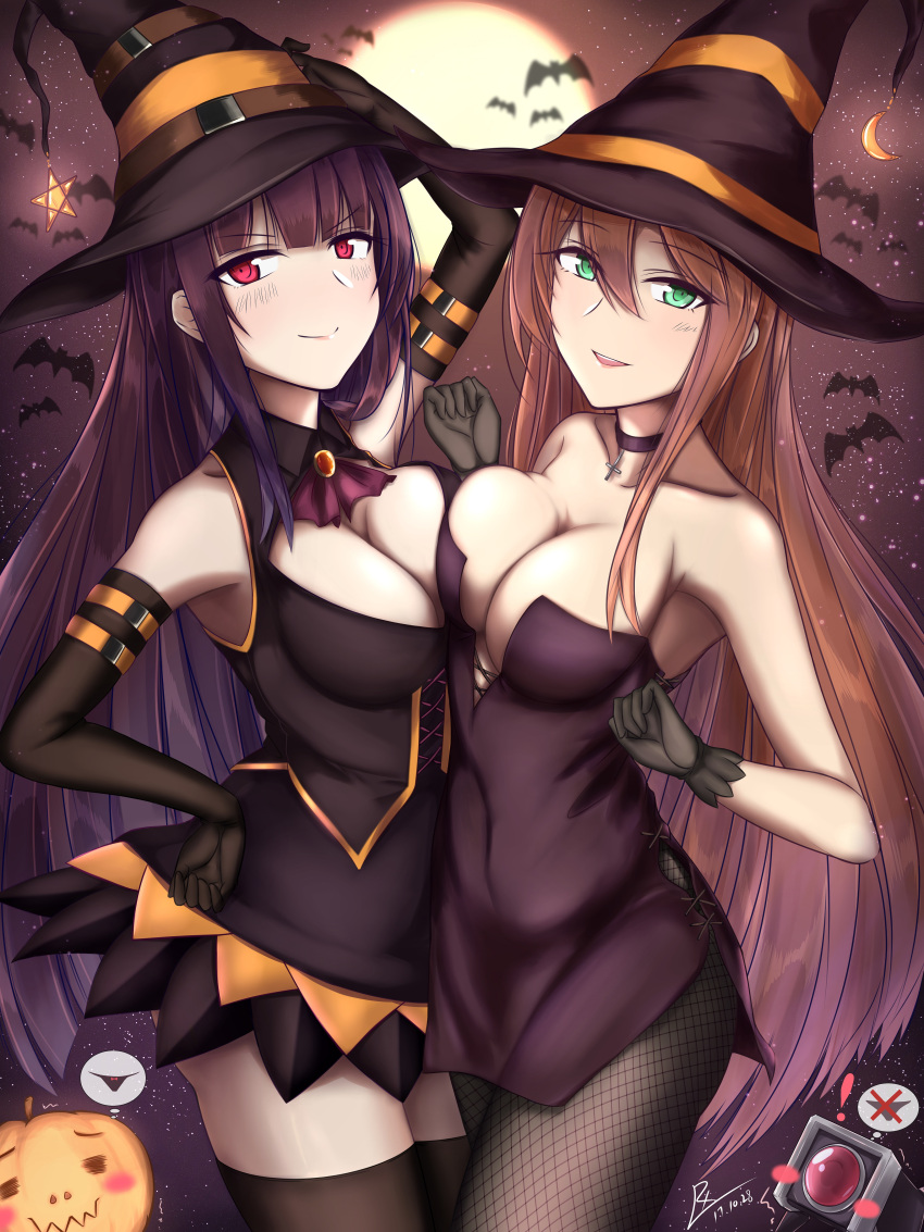&gt;:) 2girls absurdres arm_belt armpits ascot bangs bare_shoulders bat black_gloves black_legwear blunt_bangs breast_press breasts brown_hair choker cleavage closed_mouth collared_dress cowboy_shot crescent_moon_symbol cross cross_necklace dated elbow_gloves fishnet_pantyhose fishnets full_moon girls_frontline gloves green_eyes grey_gloves halloween halloween_costume hand_on_headwear hand_up hat hat_ornament highres jack-o'-lantern jewelry large_breasts looking_at_viewer m1903_springfield_(girls_frontline) moon multiple_girls necklace night outdoors pantyhose parted_lips pumpkin purple_hair purple_neckwear red_eyes signature sky smile standing star_(sky) star_hat_ornament starry_sky symmetrical_docking thigh-highs wa2000_(girls_frontline) wing_collar witch_hat zhishi_ge_fangzhang