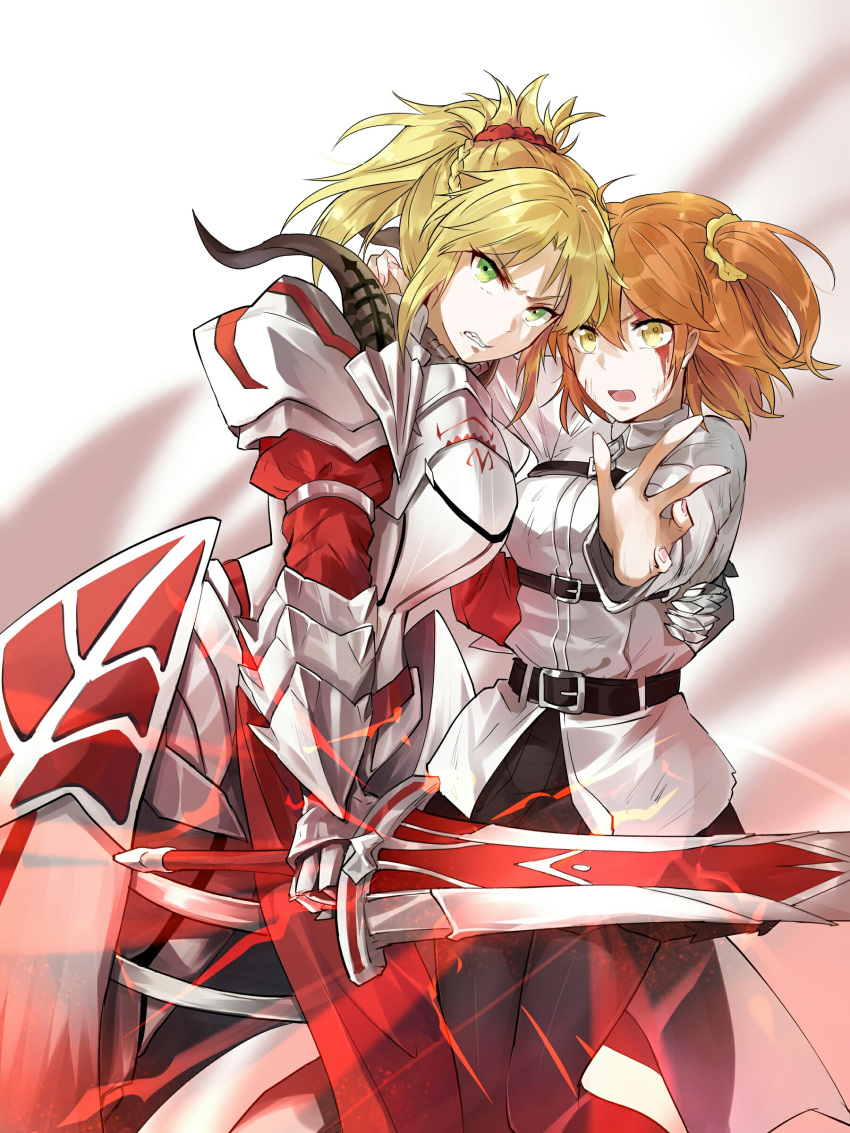 2girls absurdres ahoge aili_(aliceandoz) armor blonde_hair blood braided_bun clarent commentary fate/grand_order fate_(series) fujimaru_ritsuka_(female) green_eyes hands_on_another's_waist highres injury looking_at_viewer multiple_girls orange_hair outstretched_hand ponytail saber_of_red scrunchie side_ponytail simple_background white_background yellow_eyes