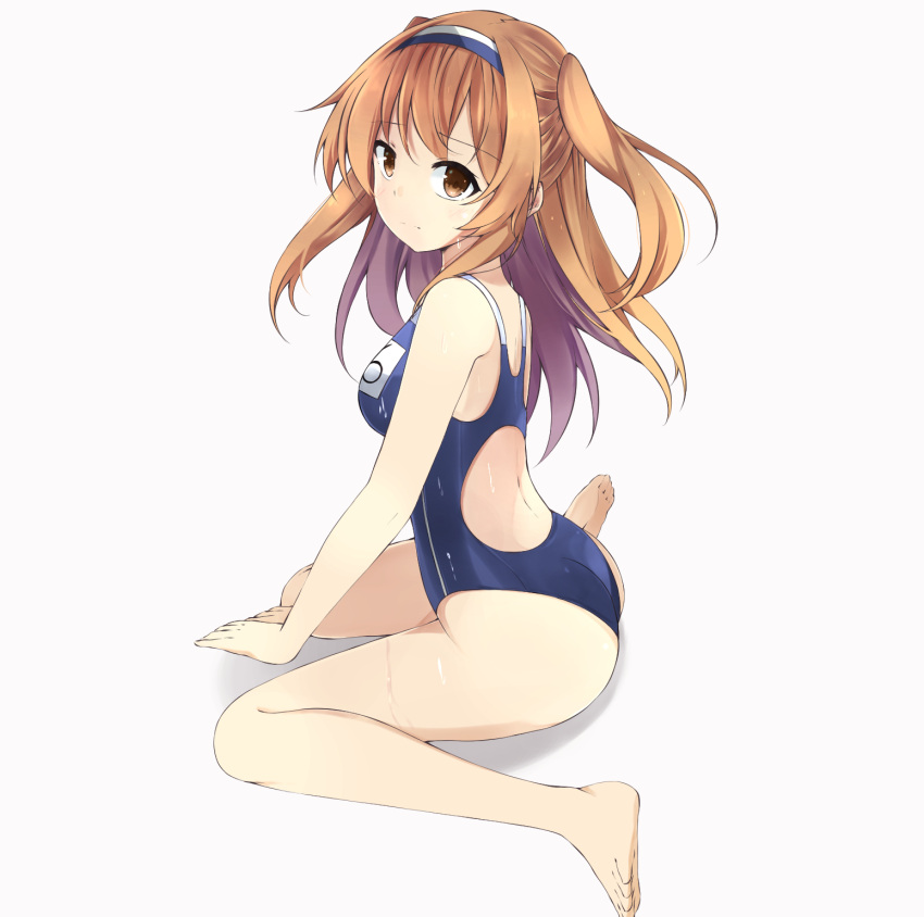 1girl ass back bare_arms bare_legs bare_shoulders barefoot breasts closed_mouth clothes_writing competition_school_swimsuit competition_swimsuit from_side frown hairband highres i-26_(kantai_collection) kantai_collection light_brown_eyes light_brown_hair long_hair looking_at_viewer looking_to_the_side medium_breasts myuto_(advent_retribution) name_tag new_school_swimsuit one-piece_swimsuit own_hands_together school_swimsuit simple_background sitting smile solo swimsuit two-tone_hairband two_side_up wariza wet white_background