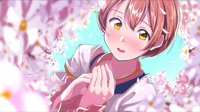 1girl absurdres astil_be blue_sky blurry blush cherry_blossoms commentary_request depth_of_field highres hoshizora_rin looking_at_viewer love_live! love_live!_school_idol_festival love_live!_school_idol_project open_mouth orange_hair portrait short_hair sky solo yellow_eyes