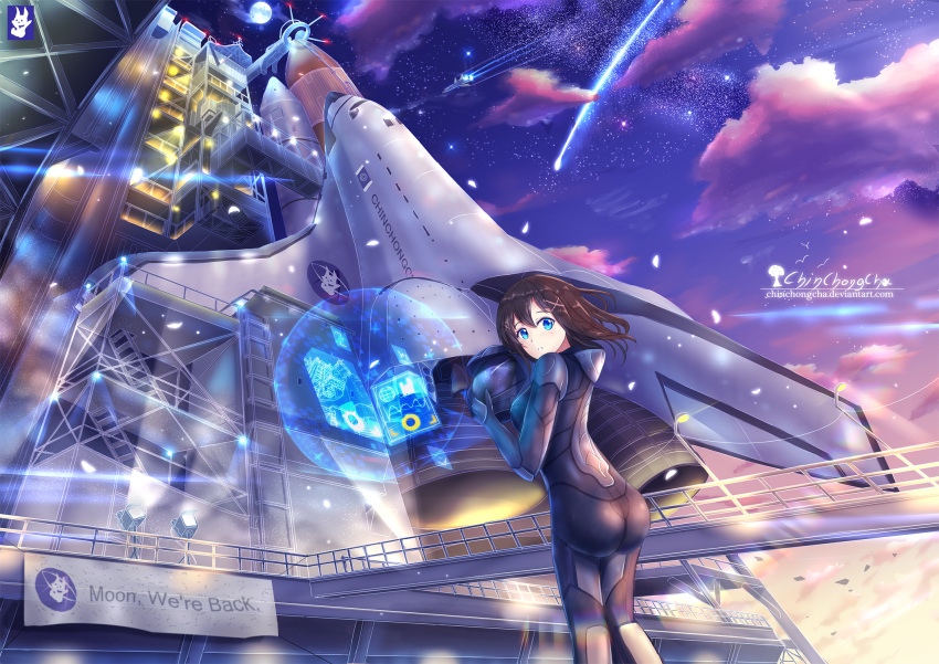 1girl aircraft airplane blue_eyes bodysuit brown_hair chinchongcha clouds falling_star fighter_jet headwear_removed helmet helmet_removed highres holding holding_helmet holographic_monitor jet launch_pad launch_tower looking_at_viewer military military_vehicle original outdoors rocket short_hair sky solo space_craft space_shuttle star_(sky) starry_sky sunset wind