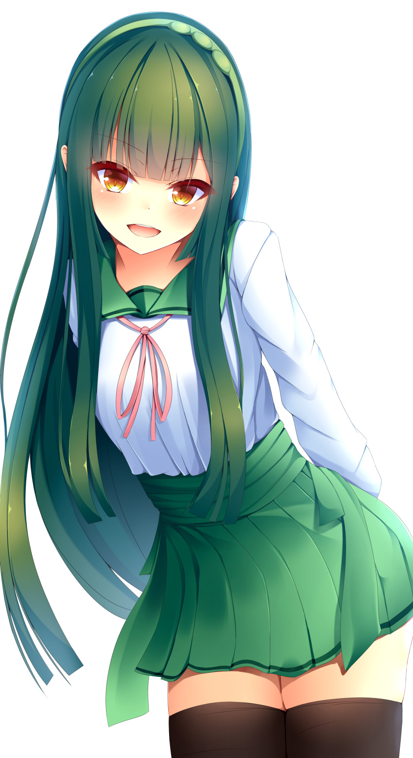 1girl :d absurdres arms_behind_back bangs black_legwear blunt_bangs blush cowboy_shot eyebrows_visible_through_hair eyelid_piercing green_hair green_hairband highres kiseno leaning_to_the_side long_hair long_sleeves looking_at_viewer open_mouth piercing pink_ribbon pleated_skirt red_eyes ribbon school_uniform serafuku shirt sidelocks simple_background skirt smile solo standing straddling thigh-highs touhoku_zunko very_long_hair voiceroid white_background white_shirt zettai_ryouiki