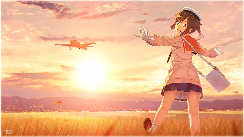 1girl :o adapted_costume aircraft airplane blue_skirt brown_eyes brown_hair brown_legwear cardigan commentary_request dated gloves hat i-401_(kantai_collection) kantai_collection key_kun long_sleeves open_mouth outstretched_arms peaked_cap pleated_skirt ponytail sailor_collar short_hair signature skirt sky solo sunset vehicle_request white_gloves white_legwear