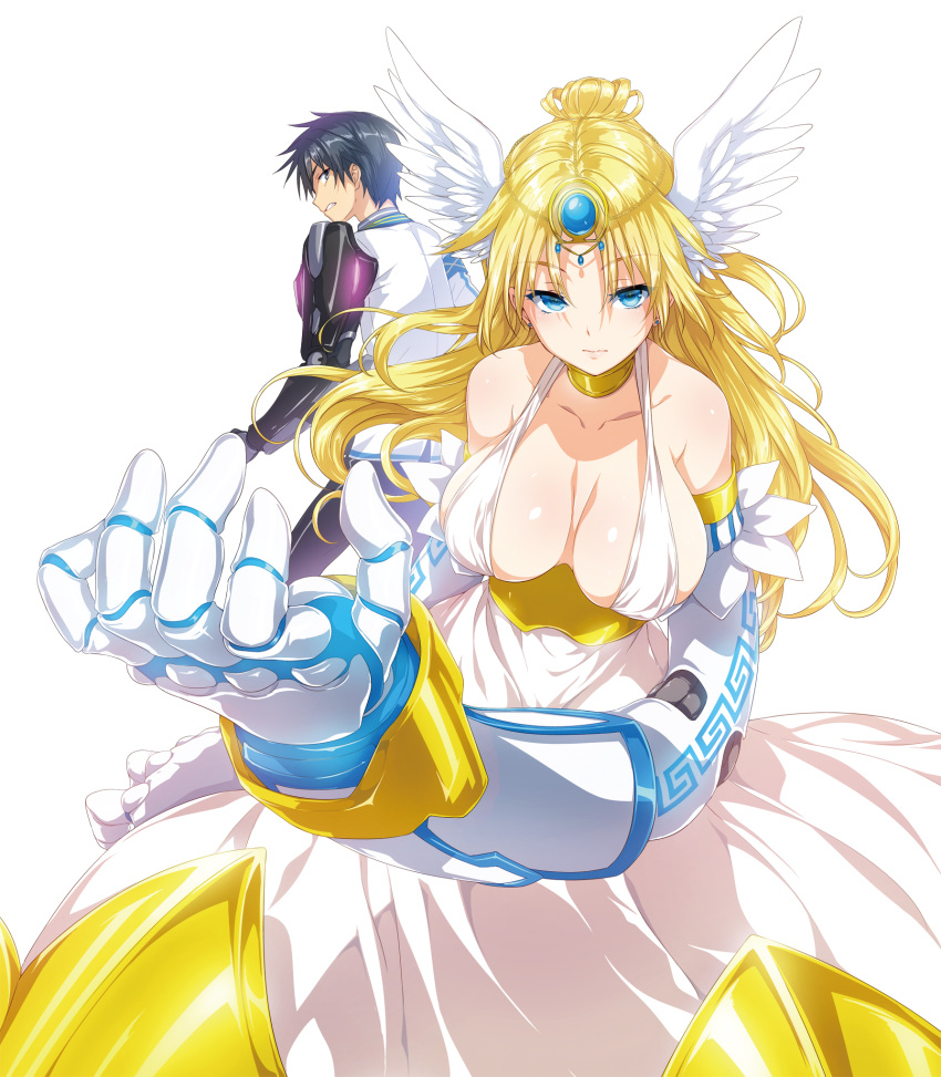 1boy 1girl bare_shoulders blonde_hair blue_eyes breasts character_request choker circlet cleavage clenched_teeth closed_mouth collarbone cover cover_page cowboy_shot dress earrings foreshortening head_wings highres hisashi_(nekoman) jewelry large_breasts long_hair looking_at_another looking_at_viewer masou_gakuen_hxh mechanical_arm novel_cover novel_illustration short_hair teeth white_dress