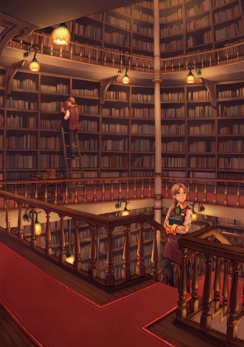 1boy 1girl absurdres anbe_yoshirou blonde_hair book book_stack bookshelf breasts brown_hair climbing_ladder glasses green_eyes highres ladder lamp legs library long_hair long_sleeves looking_to_the_side medium_breasts original pants pantyhose railing red_carpet revision scenery short_hair smile too_many too_many_books