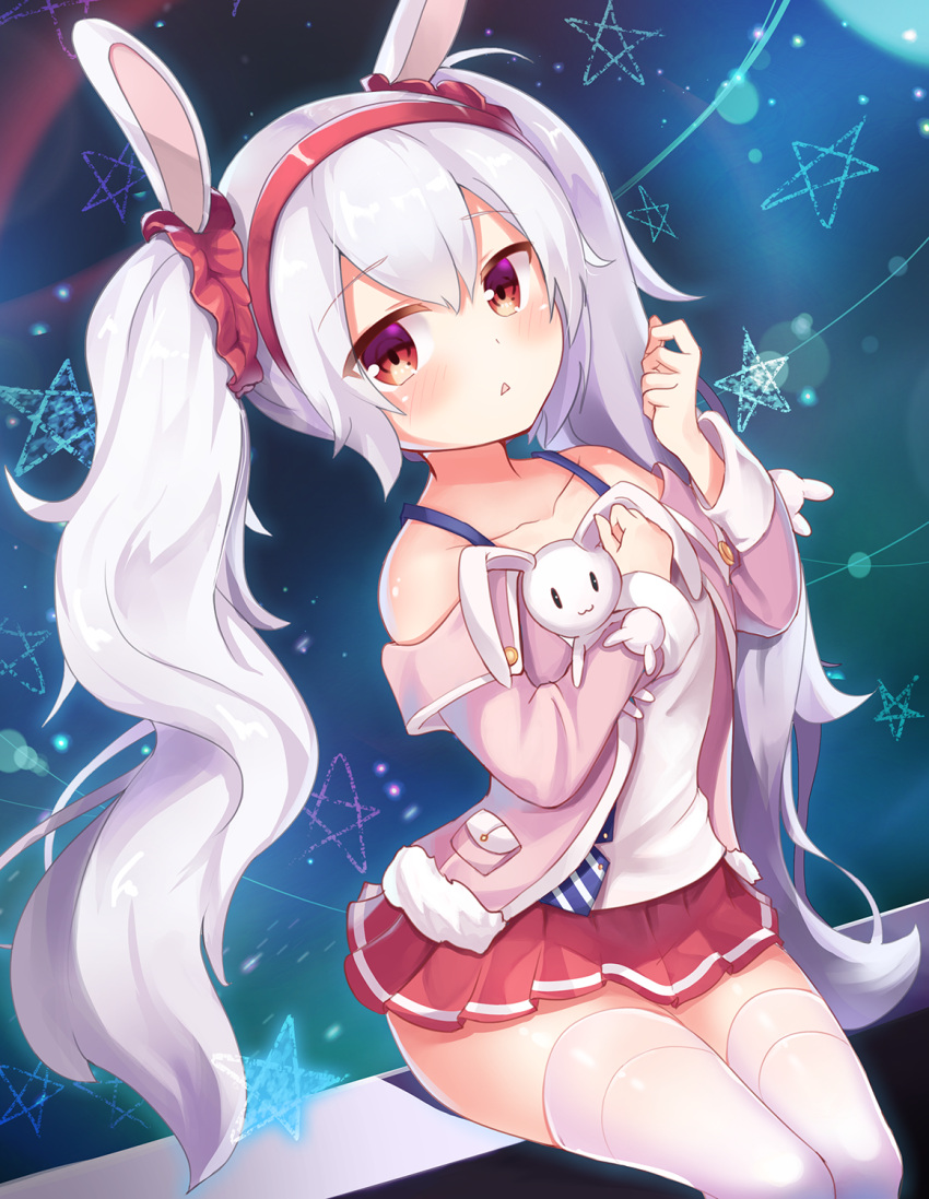 1girl 2drr :&lt; animal_ears azur_lane bangs bare_shoulders blush collarbone eyebrows_visible_through_hair eyes_visible_through_hair hair_between_eyes hair_ornament hair_scrunchie hairband hand_up highres holding holding_stuffed_animal jacket laffey_(azur_lane) light_particles long_hair long_sleeves looking_at_viewer microskirt off_shoulder pentagram pink_jacket pleated_skirt pocket rabbit_ears red_eyes red_hairband red_scrunchie red_skirt scrunchie shiny shiny_hair silver_hair sitting skirt solo stuffed_animal stuffed_bunny stuffed_toy tank_top thigh-highs triangle_mouth twintails very_long_hair white_legwear white_tank_top