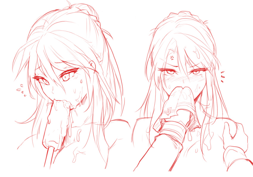 1girl anger_vein between_breasts blush breasts food girls_frontline hair_between_eyes hair_bun hand_on_another's_shoulder large_breasts lee-enfield_(girls_frontline) long_hair looking_at_viewer military military_uniform napkin popsicle rebe11 sexually_suggestive sketch solo sweatdrop uniform