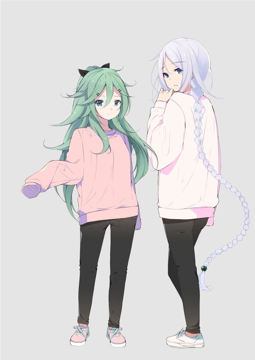 2910335 2girls alternate_costume casual full_body grey_background highres kantai_collection looking_at_viewer multiple_girls myuto_(advent_retribution) simple_background umikaze_(kantai_collection) yamakaze_(kantai_collection)