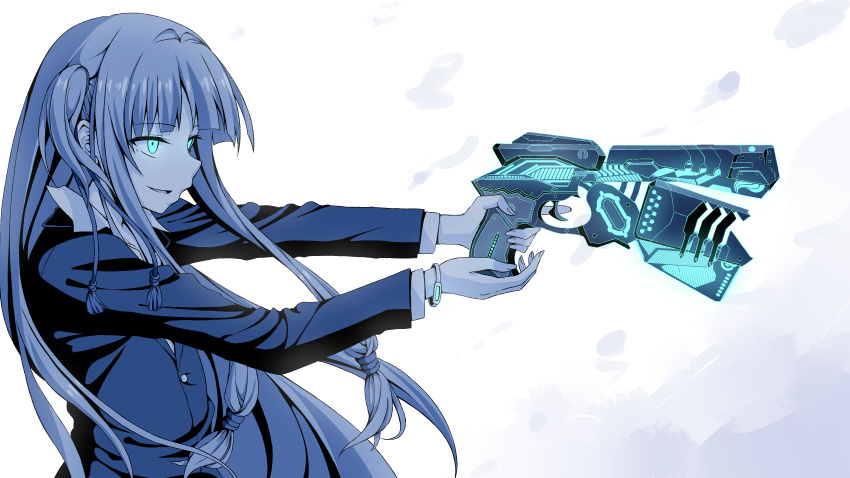 1girl absurdres aiming bangs blue blunt_bangs bracelet dominator_(gun) flask_(pandora) from_side glowing glowing_eyes gun highres holding holding_gun holding_weapon jacket jewelry kotonoha_aoi long_hair long_sleeves monochrome parted_lips psycho-pass sideways_mouth smile solo spot_color trigger_discipline upper_body voiceroid weapon white_background