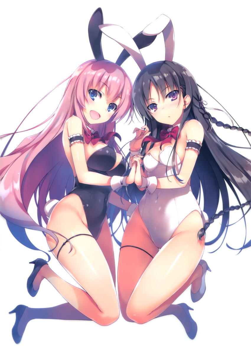 2girls absurdres animal_ears bangs bare_shoulders black_hair black_leotard blue_eyes bow bowtie braid breasts bunny_tail bunnysuit cleavage covered_navel detached_collar eyebrows_visible_through_hair full_body hand_holding high_heels highres horikita_suzune huge_filesize ichinose_honami_(youjitsu) leotard looking_at_viewer medium_breasts multiple_girls official_art open_mouth pink_hair rabbit_ears simple_background smile strapless strapless_leotard tail thigh_strap tomose_shunsaku violet_eyes white_background white_leotard wrist_cuffs youkoso_jitsuryoku_shijou_shugi_no_kyoushitsu_e