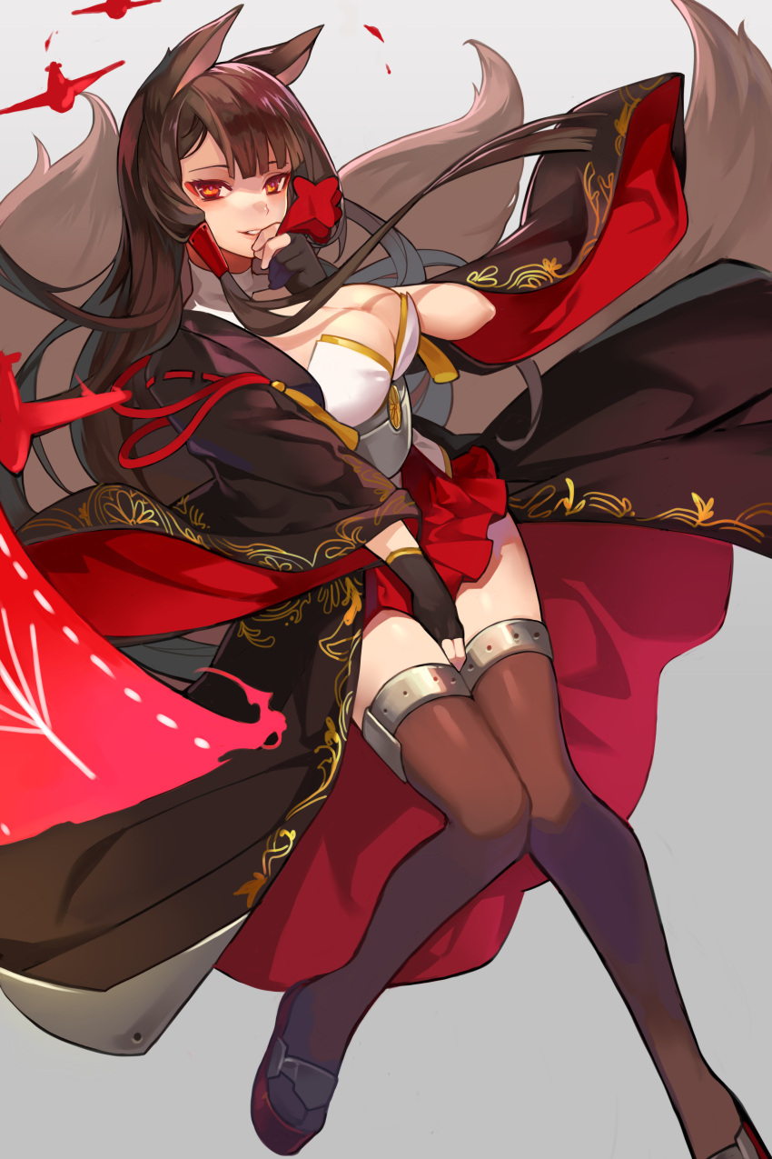 1girl absurdres akagi_(azur_lane) animal_ears azur_lane black_legwear breasts brown_hair cleavage commentary_request eyeshadow fox_ears fox_tail hair_tubes highres japanese_clothes large_breasts long_hair looking_at_viewer makeup multiple_tails parted_lips red_eyes sin_(btc86amme) smile solo tail thigh-highs zettai_ryouiki