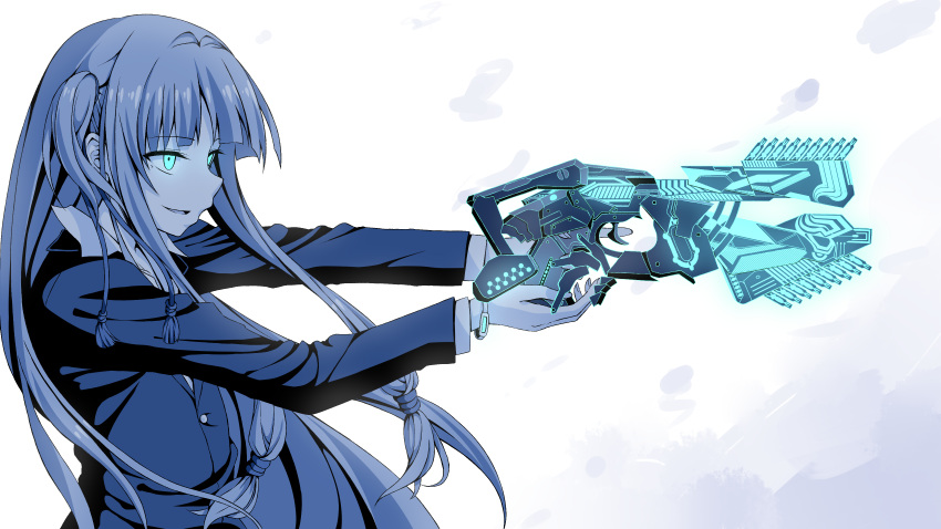 1girl absurdres aiming bangs blue blunt_bangs bracelet dominator_(gun) flask_(pandora) from_side glowing glowing_eyes gun highres holding holding_gun holding_weapon jacket jewelry kotonoha_aoi long_hair long_sleeves monochrome parent_and_child parted_lips psycho-pass sideways_mouth smile solo spot_color trigger_discipline upper_body voiceroid weapon white_background