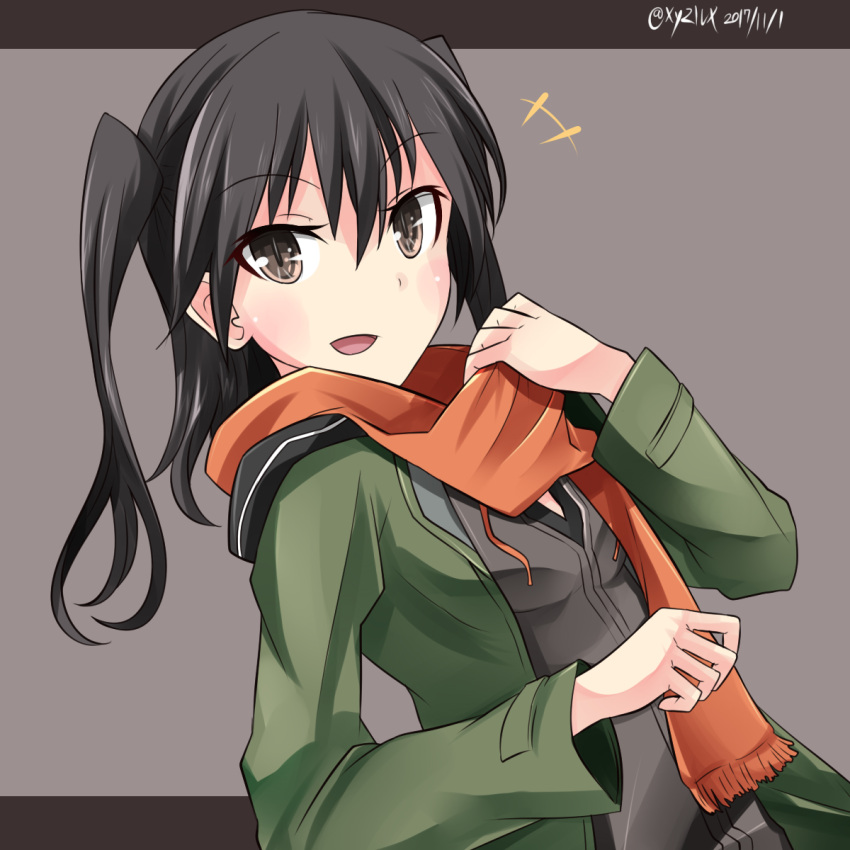 1girl :d adjusting_scarf black_hair brown_eyes casual coat hebitsukai-san highres kantai_collection long_hair looking_at_viewer open_mouth scarf sendai_(kantai_collection) smile solo