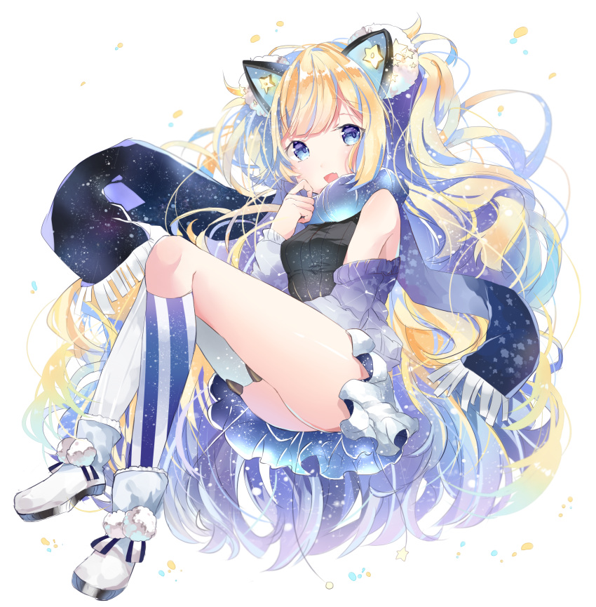 1girl :d absurdres animal_ears bangs black_sweater blonde_hair blue_hair blue_legwear blue_scarf blush cat_ears fang full_body highres kneehighs knees_up long_hair looking_at_viewer mao_ge mismatched_legwear multicolored_hair no_panties open_mouth ribbed_sweater scarf seeu sidelocks simple_background single_kneehigh single_thighhigh skirt smile solo starry_sky_print striped striped_legwear sweater swept_bangs thigh-highs thighs vertical-striped_legwear vertical_stripes very_long_hair vocaloid wavy_hair white_background white_legwear white_skirt