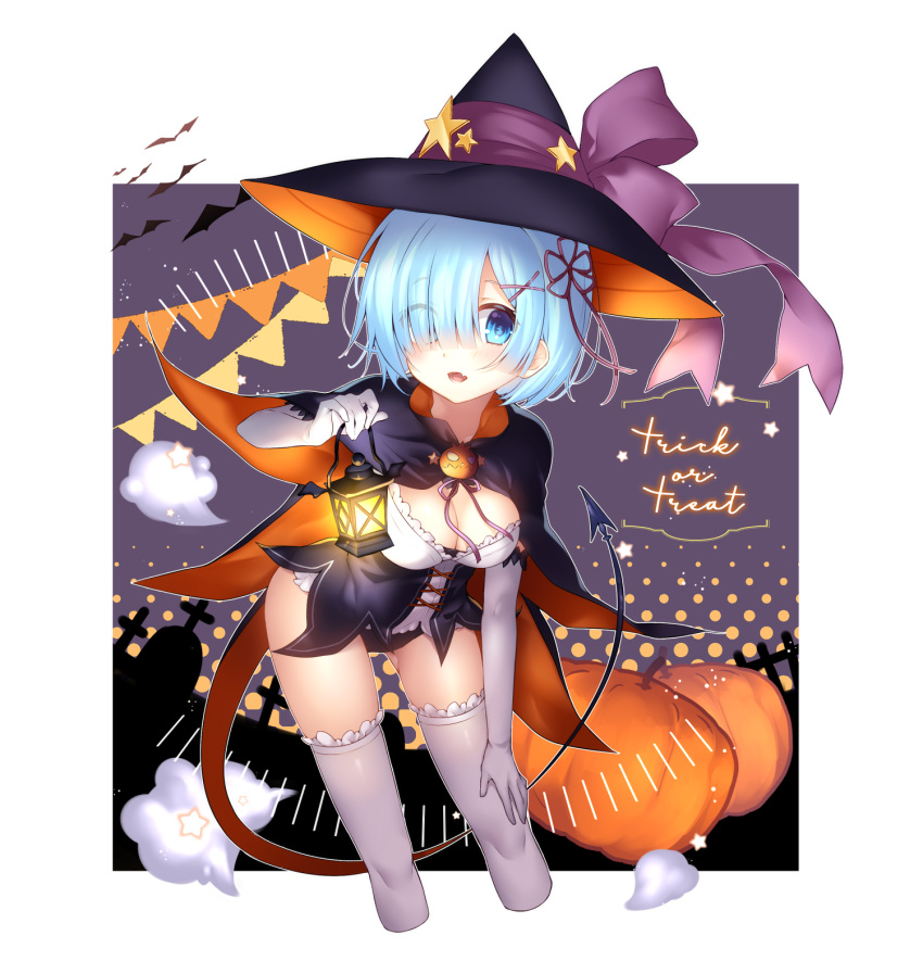 1girl :d alternate_costume bat bent_over black_cape black_hat black_panties blue_eyes blue_hair blush bow breasts cape chihiro_(khorosho) cleavage corset cropped_legs elbow_gloves eyes_visible_through_hair frills gloves hair_ornament hair_ribbon hairclip halloween halloween_costume hand_on_own_knee hat hat_bow highres legs_apart light looking_at_viewer medium_breasts no_pants open_mouth outside_border panties pennant pumpkin purple_bow purple_ribbon re:zero_kara_hajimeru_isekai_seikatsu rem_(re:zero) ribbon short_hair smile standing star string_of_flags thigh-highs tombstone trick_or_treat underwear white_gloves white_legwear witch_hat x_hair_ornament