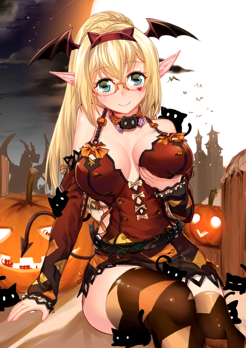 1girl absurdres arm_support belt blonde_hair blue_eyes braid breast_lift breasts castle cat cleavage collar demon_tail detached_sleeves dragon dress emden_(zhan_jian_shao_nyu) graphite_(medium) halloween halloween_costume highres jack-o'-lantern large_breasts long_hair looking_at_viewer loose_belt moon night onceskylark outdoors pointy_ears ponytail pumpkin self_fondle short_dress sitting smile tail thigh-highs traditional_media zhan_jian_shao_nyu