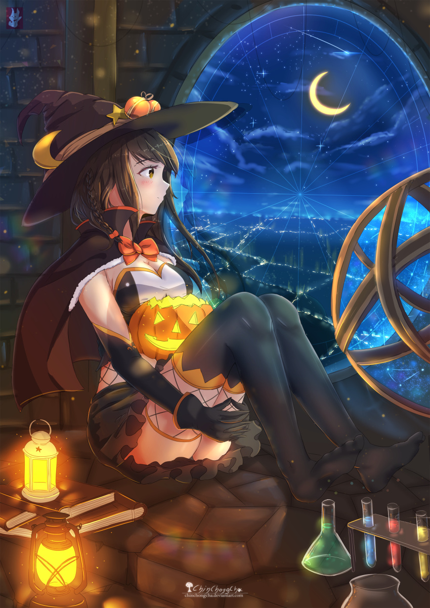 1girl absurdres book bow braid breasts brown_eyes brown_hair capelet chinchongcha cleavage crescent_moon elbow_gloves flask gloves hair_bow hat highres indoors jack-o'-lantern lamp long_hair looking_away moon night night_sky original sitting sky solo star_(sky) starry_sky test_tube thigh-highs window witch_hat