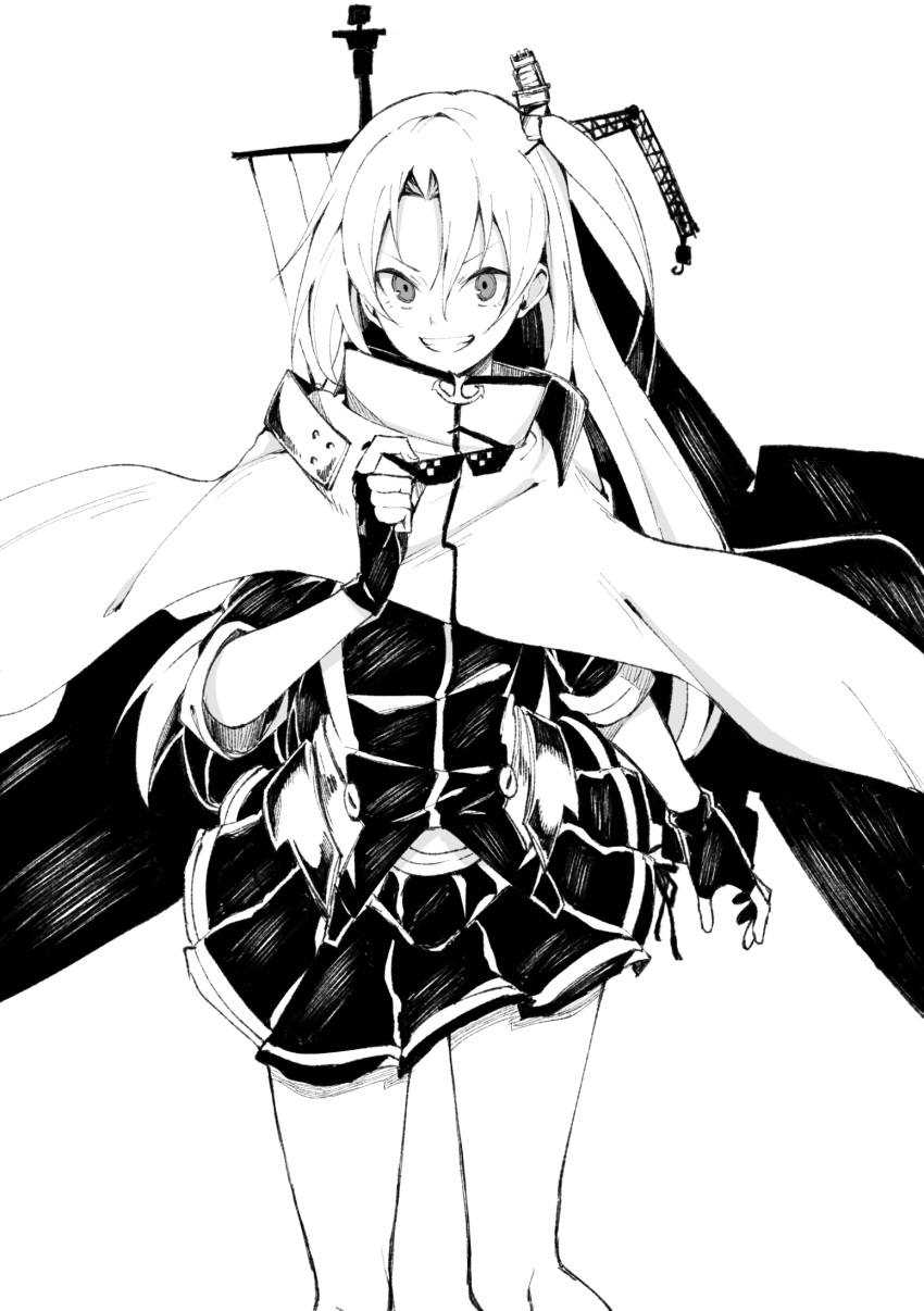 &gt;:d 1girl :d azur_lane capelet cleveland_(azur_lane) fingerless_gloves gloves greyscale grin highres holding long_hair looking_at_viewer machinery monochrome one_side_up open_mouth pleated_skirt skirt smile solo sunglasses tsukamoto_minori