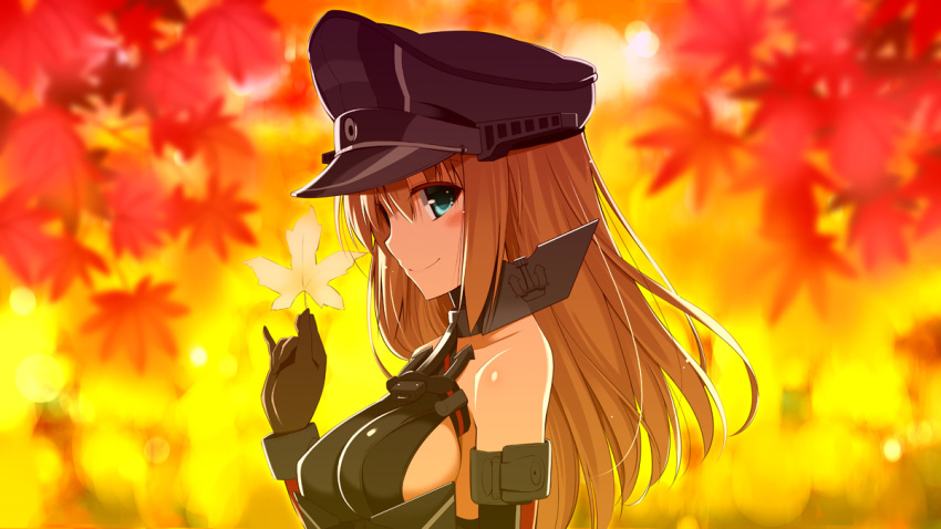 1girl anchor autumn_leaves bare_shoulders bismarck_(kantai_collection) blonde_hair blue_eyes breastplate breasts detached_sleeves gloves hand_up hat headgear holding holding_leaf kantai_collection large_breasts leaf long_hair maple_leaf military military_hat military_uniform oota_yuuichi peaked_cap sideboob smile solo uniform