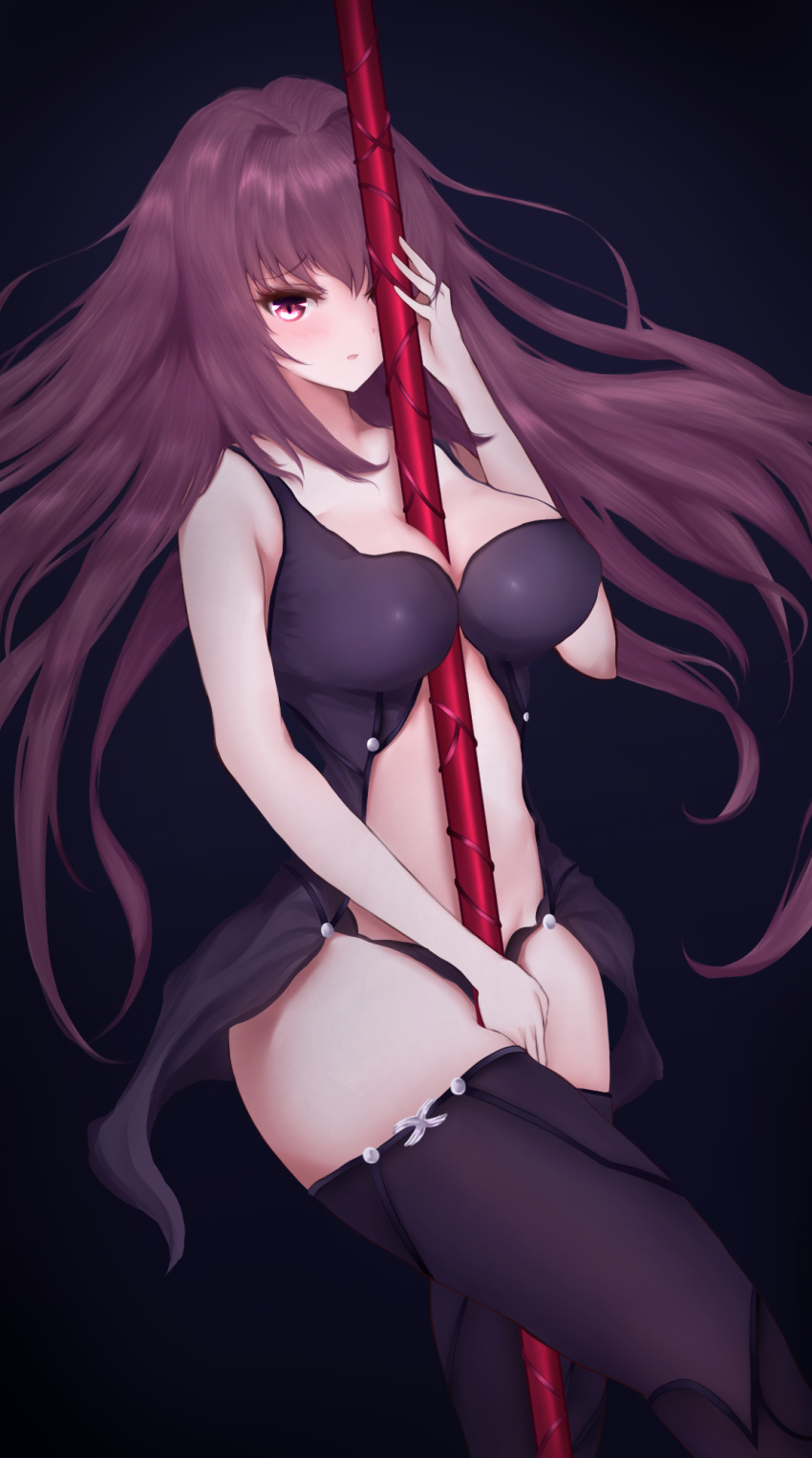 1girl adapted_costume babydoll between_breasts blush breasts fate/grand_order fate_(series) gae_bolg gbsn highres large_breasts long_hair looking_at_viewer parted_lips polearm purple_hair red_eyes revision scathach_(fate/grand_order) solo spear thigh-highs weapon