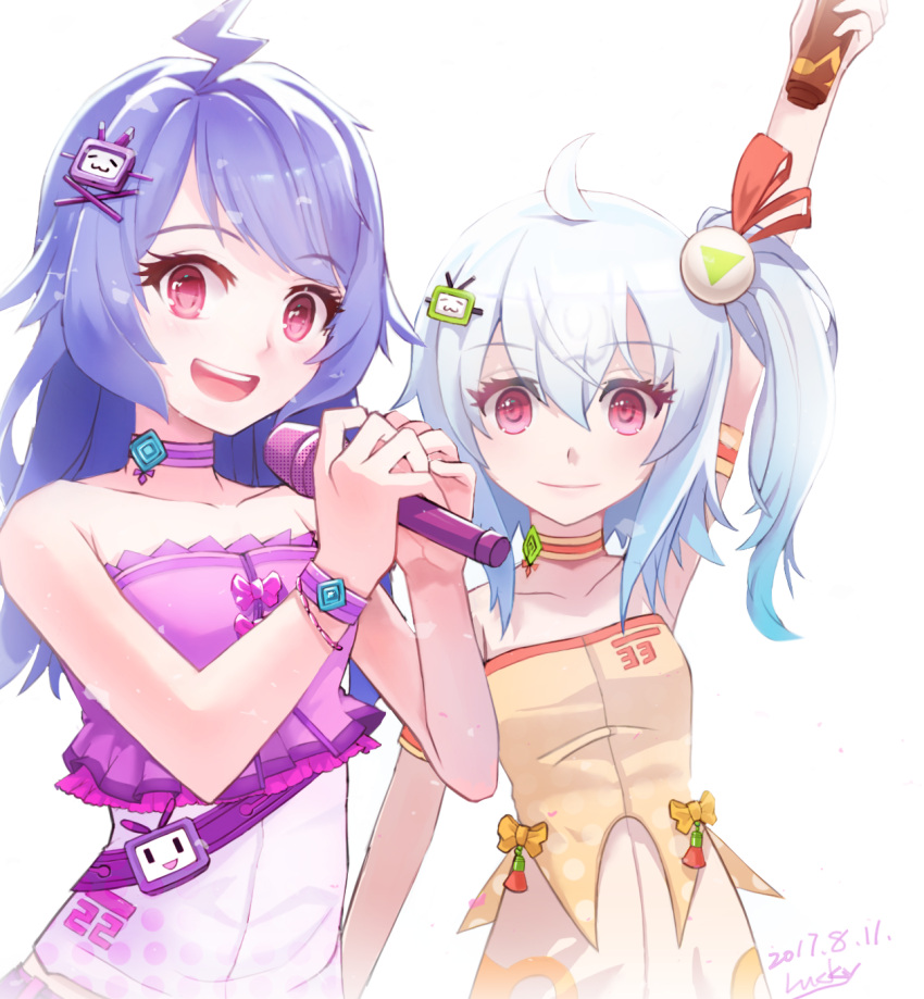 2girls ahoge artist_name bare_shoulders bili_girl_22 bili_girl_33 bilibili_douga blue_hair blush choker close-up collarbone dated eyebrows_visible_through_hair hair_ornament highres long_hair looking_at_viewer luckiiy multiple_girls open_mouth pink_eyes short_hair short_ponytail side_ponytail signature silver_hair smile x_hair_ornament