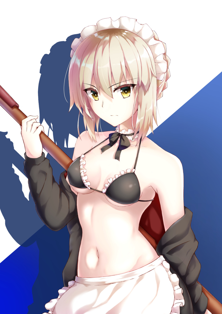 1girl apron artoria_pendragon_(all) artoria_pendragon_(swimsuit_rider_alter)_(fate) bare_shoulders blonde_hair breasts closed_mouth collarbone eyebrows_visible_through_hair fate/grand_order fate_(series) frown highres long_sleeves maid_apron maid_bikini maid_headdress medium_breasts navel pale_skin shinrou_tsukimi short_hair solo yellow_eyes