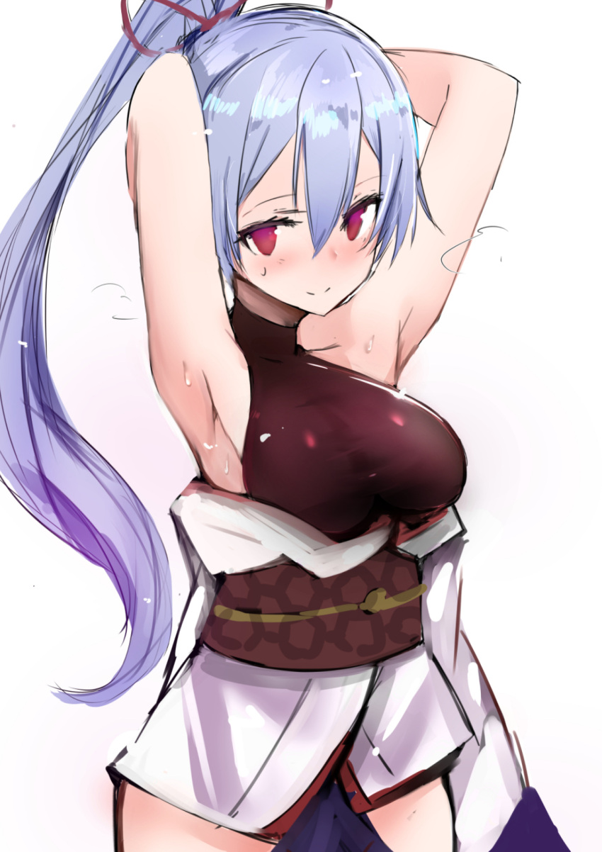 1girl armpits arms_behind_head arms_up blush breasts fate/grand_order fate_(series) highres long_hair looking_at_viewer medium_breasts muoto ponytail silver_hair simple_background smile solo sweat tomoe_gozen_(fate/grand_order) violet_eyes white_background