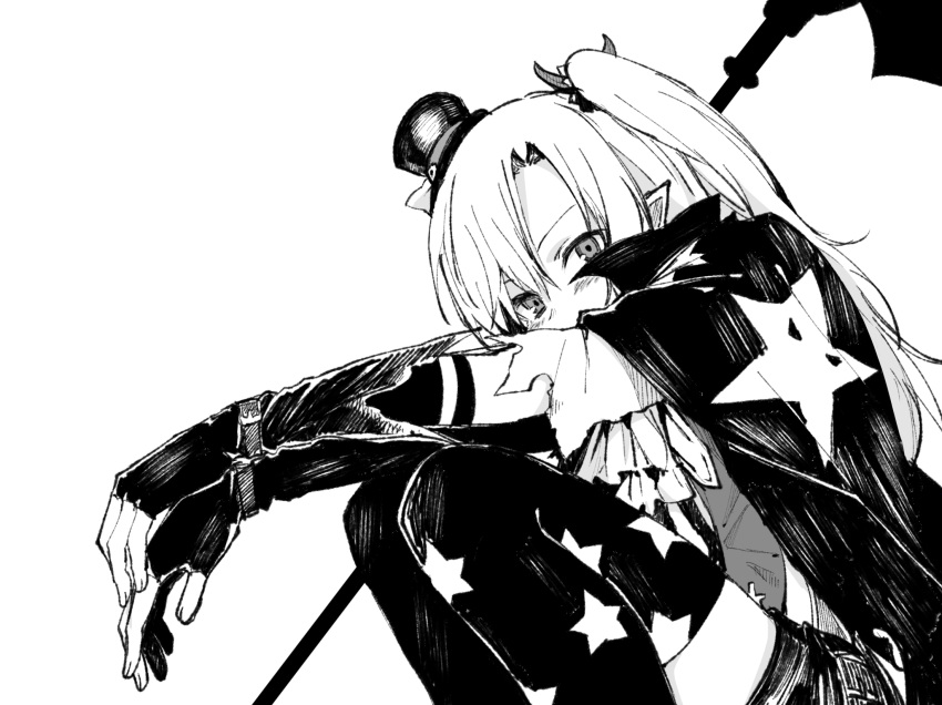 1girl azur_lane capelet cleveland_(azur_lane) elbow_gloves fingerless_gloves gloves greyscale halloween hat highres long_hair looking_at_viewer mini_hat mini_top_hat monochrome one_side_up scythe shorts solo squatting thigh-highs top_hat tsukamoto_minori zettai_ryouiki