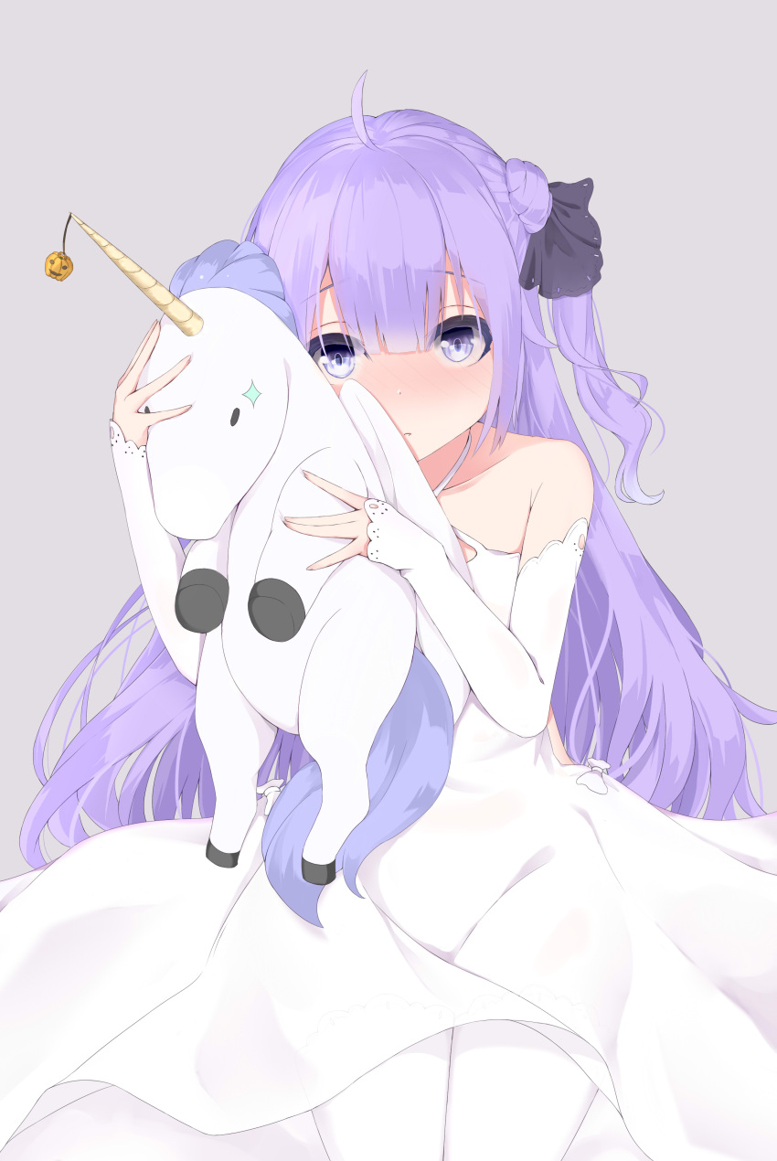 1girl absurdres ahoge azur_lane blush collarbone commentary_request detached_sleeves doll_hug dress hair_bun hair_ribbon highres long_hair looking_at_viewer one_side_up purple_hair ribbon sherryqq simple_background solo stuffed_animal stuffed_toy stuffed_unicorn unicorn_(azur_lane) violet_eyes white_background white_dress