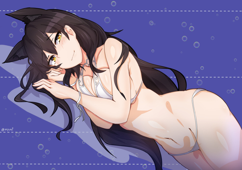 1girl animal_ears atago_(azur_lane) azur_lane bare_shoulders bikini blue_background blush bracelet breast_press breasts bright_pupils closed_mouth commentary cowboy_shot dutch_angle eyebrows_visible_through_hair female hair_between_eyes highres jewelry large_breasts long_hair looking_at_viewer lying myumi navel on_side smile solo swimsuit twitter_username white_bikini yellow_eyes