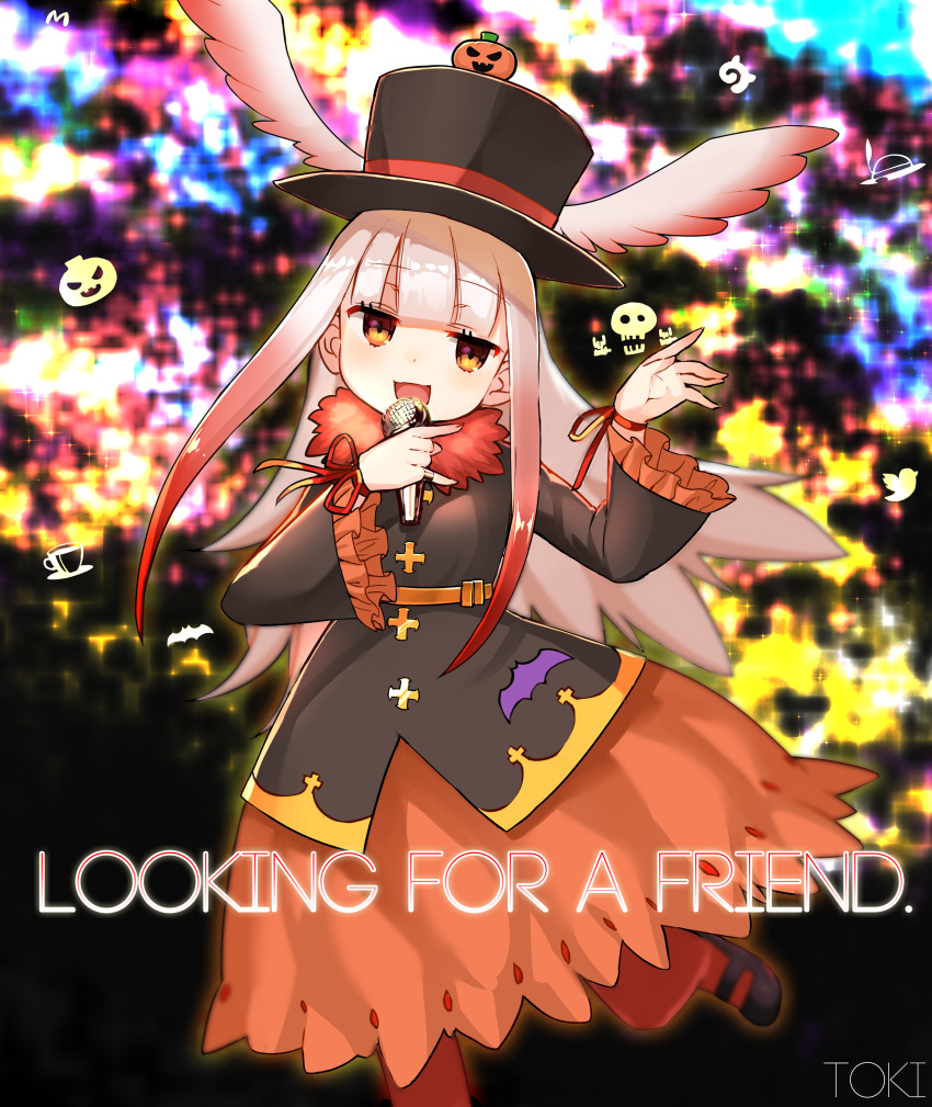 1girl :d absurdres alternate_costume bangs blunt_bangs choir_(artist) commentary english eyebrows_visible_through_hair frilled_sleeves frills fur_collar gradient_hair halloween halloween_costume hat head_wings highres japanese_crested_ibis_(kemono_friends) kemono_friends long_hair long_sleeves looking_at_viewer microphone multicolored_hair open_mouth pantyhose pink_hair red_legwear redhead ribbon skirt smile solo top_hat wide_sleeves wrist_ribbon