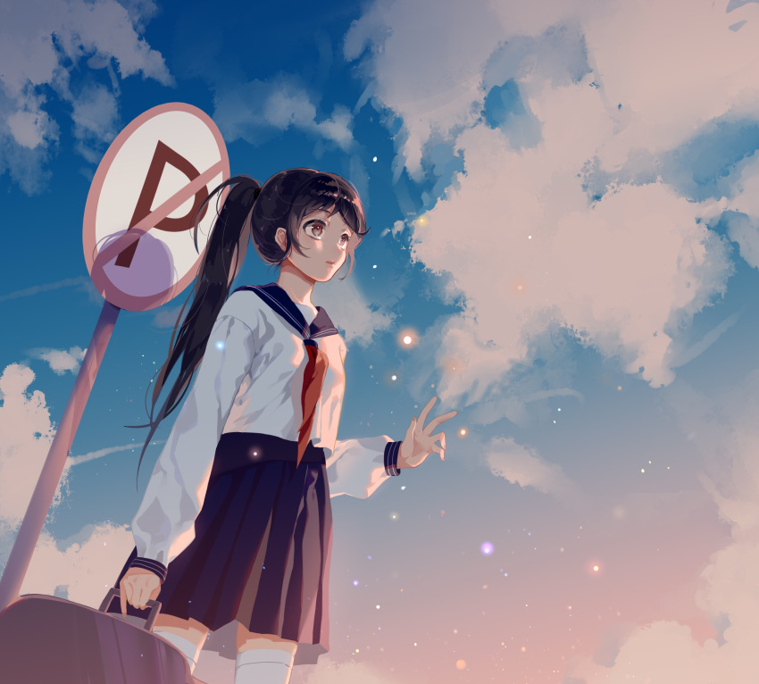 1girl black_hair blouse blue_skirt blue_sky brown_eyes closed_mouth clouds cloudy_sky day dutch_angle evening hand_up highres long_sleeves original outdoors outstretched_hand pleated_skirt ponytail red_neckwear sidelocks sign skirt sky solo standing tareme thigh-highs white_blouse white_legwear zettai_ryouiki zhibuji_loom