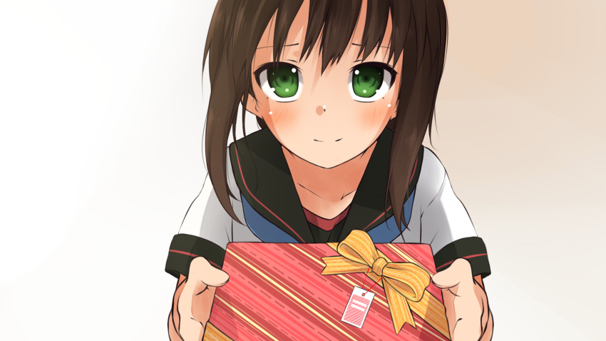 1girl bangs blue_neckwear blush bow box brown_hair closed_mouth commentary_request fubuki_(kantai_collection) gift gift_box gradient gradient_background green_eyes grey_background highres holding holding_gift kantai_collection myuto_(advent_retribution) neckerchief orange_bow pov sailor_collar shirt short_sleeves smile solo tareme upper_body valentine white_shirt