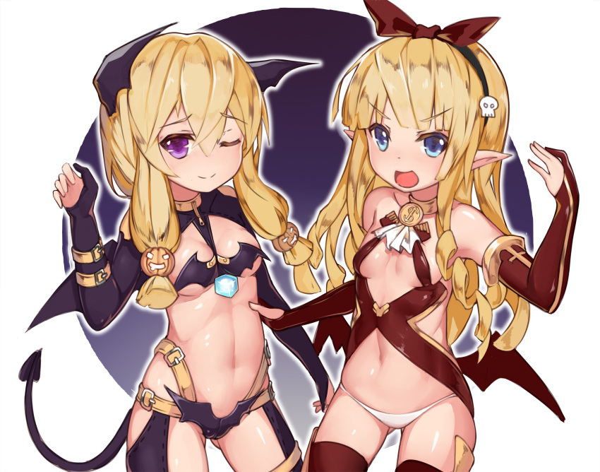 2girls :d ;) azur_lane bat_wings belt_buckle black_gloves black_hairband black_wings blonde_hair blue_eyes breasts brown_belt buckle character_request cowboy_shot demon_tail elbow_gloves gloves hair_ornament hair_ribbon hairband halloween head_wings highres jack-o'-lantern jack-o'-lantern_hair_ornament leather long_hair multiple_girls navel nib_pen_(medium) one_eye_closed open_mouth panties partly_fingerless_gloves pointy_ears red_gloves red_ribbon ribbon ringlets skull_hair_ornament small_breasts smile standing stmaster tail traditional_media underwear violet_eyes white_panties wings