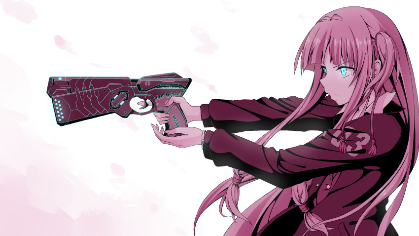 1girl absurdres aiming bangs blunt_bangs bracelet closed_mouth dominator_(gun) flask_(pandora) from_side frown glowing glowing_eyes gun highres holding holding_gun holding_weapon jacket jewelry kotonoha_akane long_hair long_sleeves monochrome psycho-pass solo spot_color trigger_discipline upper_body voiceroid weapon white_background