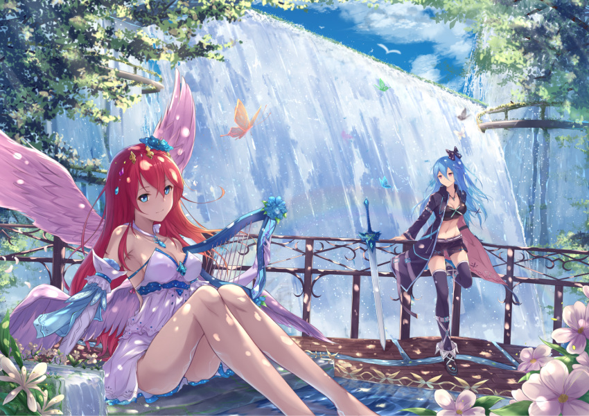 2girls against_railing angel angel_wings bangs bare_legs barefoot belt black_legwear black_shorts blue_eyes blue_hair boots bow braid breasts buckle butterfly caustics clouds crop_top crown_braid dappled_sunlight day dress elbow_gloves eyebrows_visible_through_hair fantasy feathered_wings flower fuuro_(johnsonwade) gloves groin hair_between_eyes hair_bow hair_flower hair_ornament hair_ribbon harp holding holding_instrument instrument jacket jewelry knees_up leaf leg_up legs long_hair long_sleeves looking_at_viewer looking_away looking_to_the_side md5_mismatch medium_breasts midriff multiple_girls multiple_wings navel necklace one_side_up open_clothes open_jacket original outdoors pendant pink_dress pink_wings purple_jacket railing red_eyes redhead revision ribbon scenery short_dress short_shorts shorts sitting soaking_feet standing standing_on_one_leg stomach strapless strapless_dress sunlight sword thigh-highs tree tress_ribbon water waterfall weapon wings