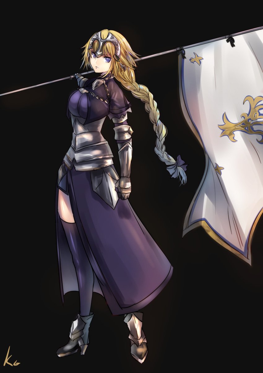 1girl absurdres armor armored_boots armored_dress banner black_background black_legwear blonde_hair blue_eyes boots braid eyebrows_visible_through_hair fate/apocrypha fate_(series) full_body gauntlets high_heel_boots high_heels highres holding holding_weapon kayanogura long_hair looking_at_viewer low-tied_long_hair ponytail ruler_(fate/apocrypha) shiny shiny_clothes signature simple_background single_braid solo standing thigh-highs very_long_hair weapon